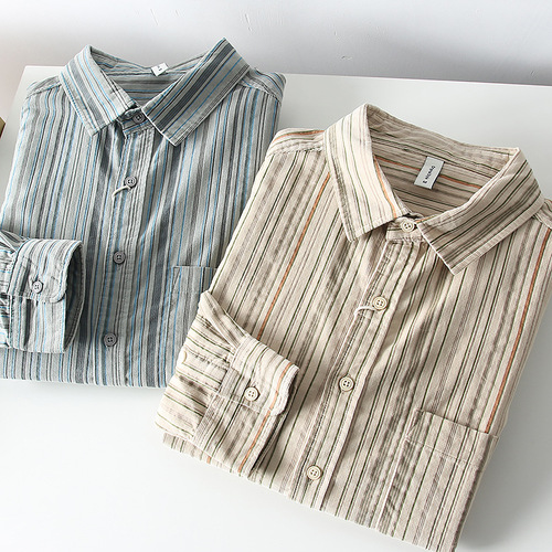 Japanese Retro Corduroy! Striped Color Block! Autumn Men's Pure Cotton Fashion Casual Long-Sleeve Shirt Trend