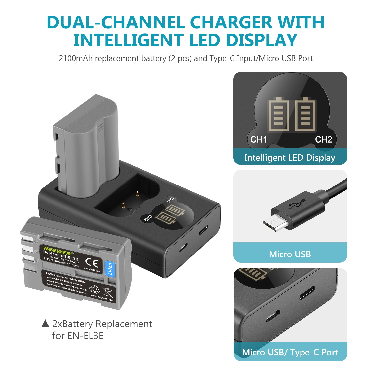 Nikon, camera, battery, compatible charger, 2100mah, D90, D80