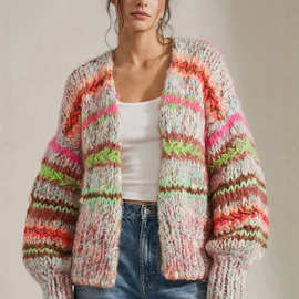 现货 秋冬跨境欧美外贸新款彩虹条纹棒针针织毛衣外套女sweater