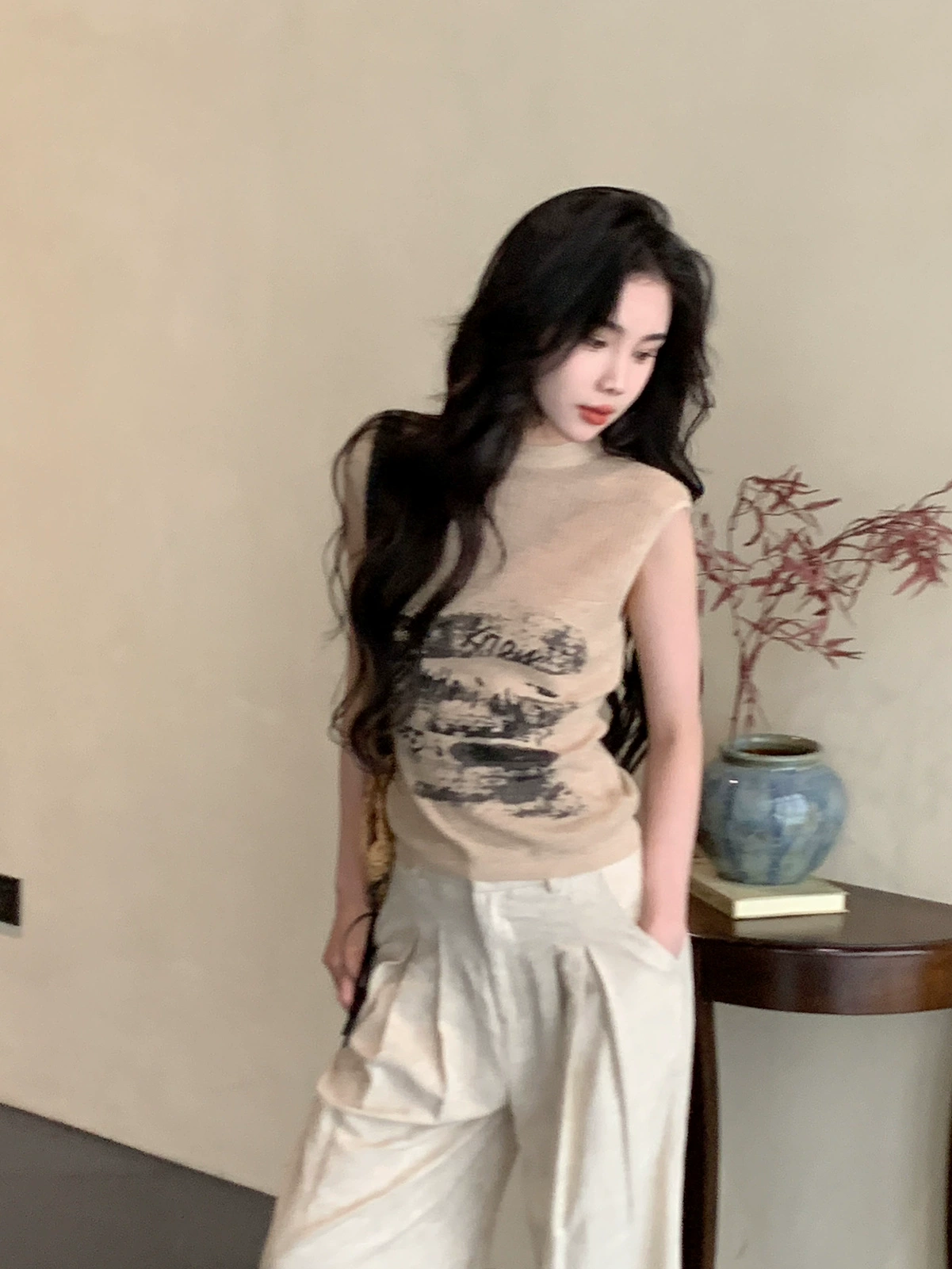 Американский винтажный свитер без рукавов с принтом