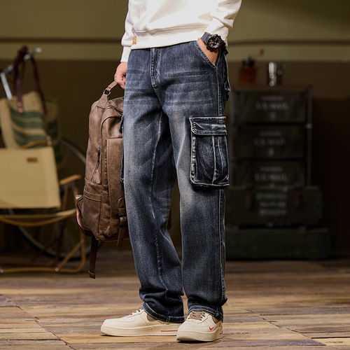 [Male 138] Exclusive Yellow Clay Color Multi-Pocket Workwear Jeans for Men Loose Straight Leg Durable Elastic