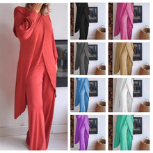 欧美新品女装长袖套装阔腿裤套装不规则时尚休闲交叉大码两件套