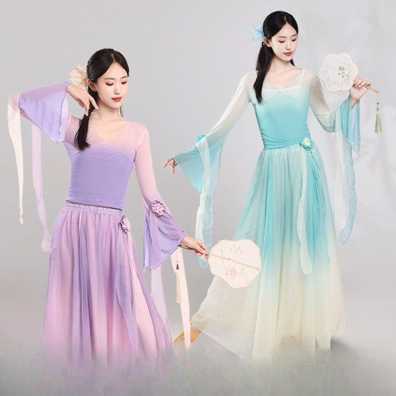 原创古典舞蹈服渐变花朵纱衣飘逸大摆裙中国舞练功服演出服 超仙|undefined