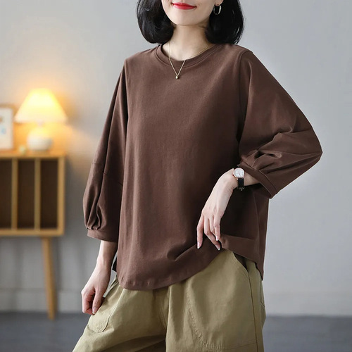 Spring and Summer New Fashionable and Versatile Retro Lantern Sleeve T-Shirt Top for Women, Stylish, Youthful, Casual, Seven-Sleeve Blouse