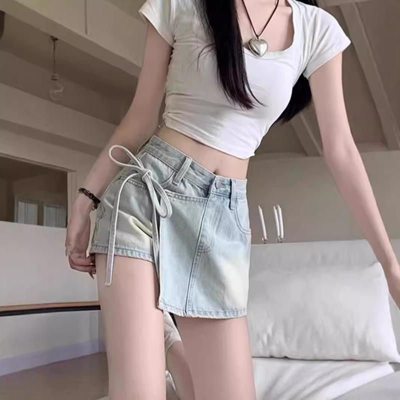 Fake Two-Piece Denim Shorts for Women, Spring/Summer 2026, High-Waisted Irregular Tie Skirt Shorts for Petite Girls, Hot Girl Style Short Skirt
