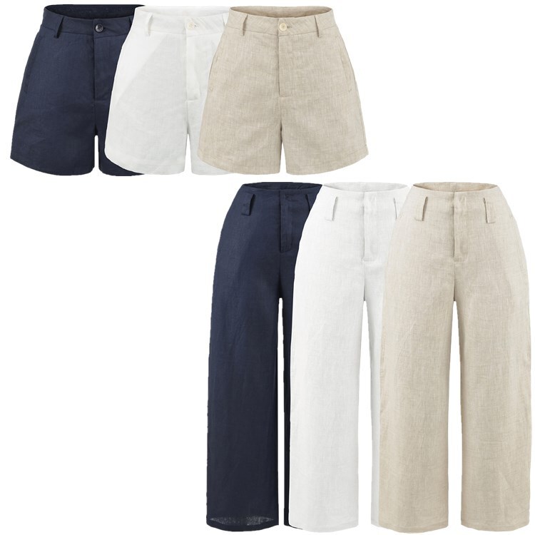 Three-Color Linen Comfortable Versatile Casual Pants with a Slimming Effect, Sickle-Shaped Arc Pants for Women, Summer Old Money Style Wide-Leg Shorts