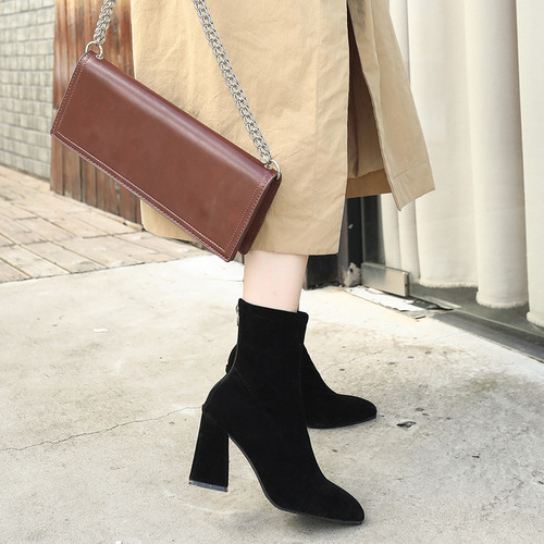 British style short boots for women winter thick heel mid-length pointed toe high heel thick heel slim boots  new fashion boots