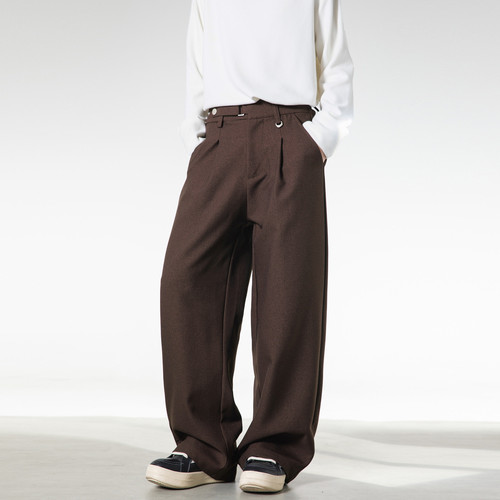 Laop-money style casual trousers for men's spring and summer loose straight waist buckle adjustable retro solid color commuting pants