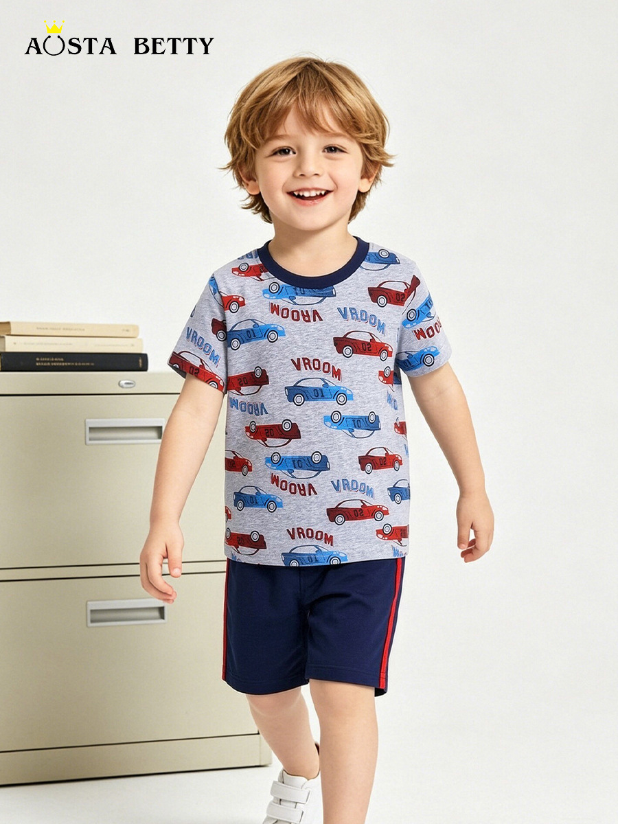 Nuevo juego para niños en verano, impresión de cuello redondo europeo y americano, juego de manga corta para niños, juego de dos piezas para niños pequeños y medianos de algodón de punto image 1