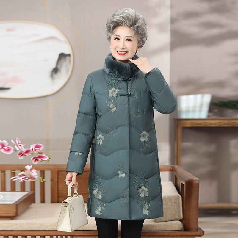 2024 среднего и пожилого возраста пуховик средней и длинной мамы пальто бабушка топ настоящая шерстяная вышивка 90 бархат белая утка
