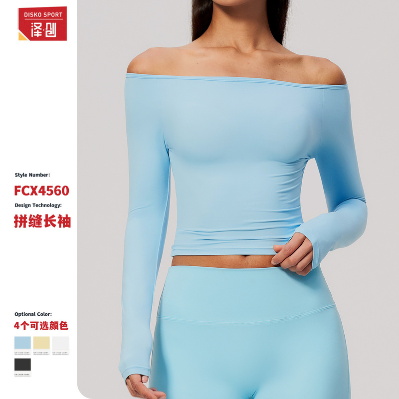 Amazon Brushed Fabric Off-Shoulder Tight-Fitting Long-Sleeve Breathable Fitness Waist-Cinching Running Sports Long-Sleeve Yoga Top for Women 4560