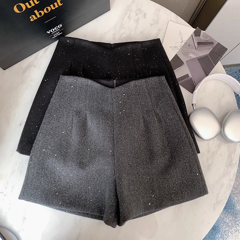 Sparkling Sequin Woolen Shorts Women's Autumn and Winter 2024 New High Waist Outer Wear Slimming Wide Leg Pants with Boots Sparkling Sequin Woolen Shorts Women's Autumn and Winter 2024 New High Waist Outer Wear Slimming Wide Leg Pants with Boots