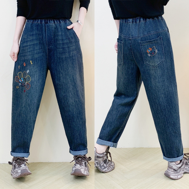 文学レトロ花刺繍ストレッチジーンズ女性の春夏の新しいルーズプラスサイズスリム多用途ハーレムパンツ|undefined
