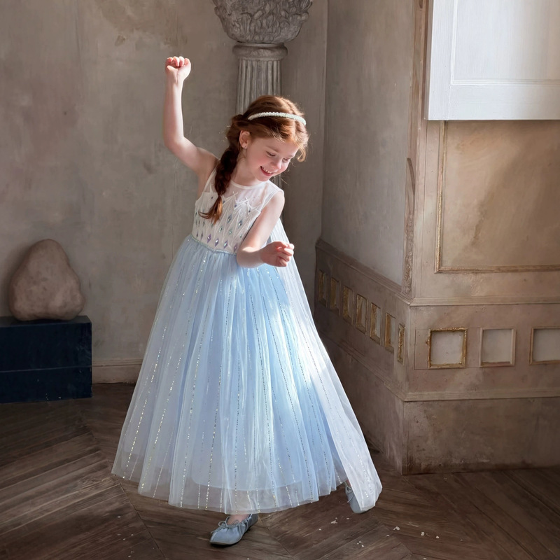 Foreign Trade Children's Clothing, New Summer Princess Dress for Girls, Elsa Princess Dress with Embroidery, Heavy-Duty Tulle Dress with Cape