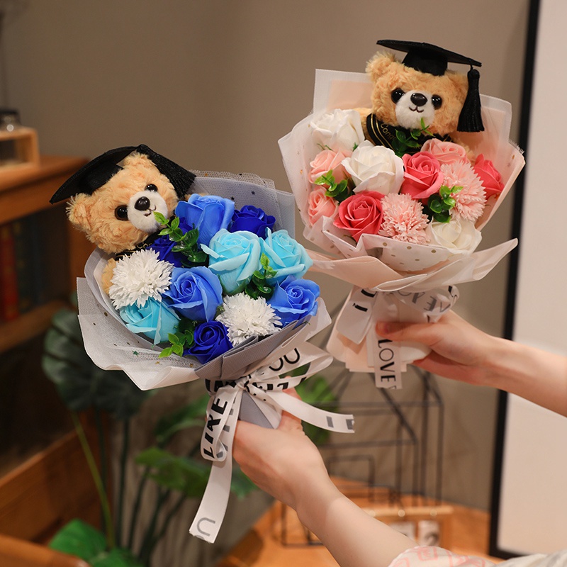 Bonito oso de peluche ramo de rosas tela muñeca de peluche juguete flores oso muñeca regalo ramo de graduación