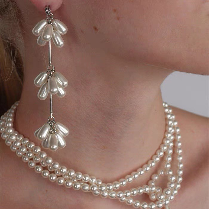 nana同款韓國品牌長款珍珠花朵流蘇耳墜高級感小眾時髦珍珠項鍊女
