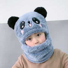 兒童加絨帽子男童女童冬季一體寶寶圍脖帽子帽護耳帽熊貓套頭帽