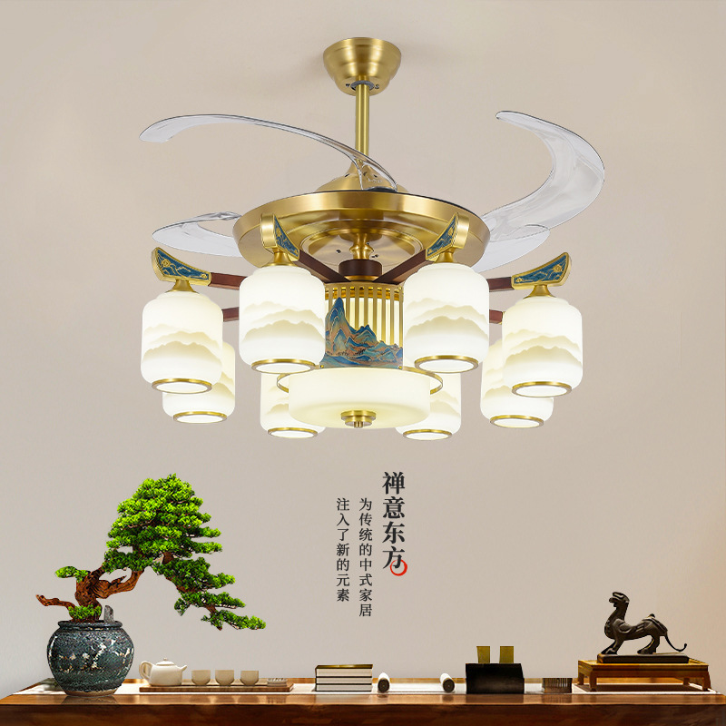 全铜新中式隐形风扇灯家用餐厅客厅吊灯实木中国风卧室禅意吊扇灯
