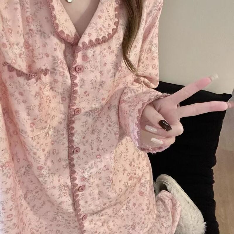 Spring and Autumn New Style Lace High-Quality Pajamas for Women, Long-Sleeved Set, Autumn Girl's Cloud Cotton Loungewear Wholesale Spring and Autumn New Style Lace High-Quality Pajamas for Women, Long-Sleeved Set, Autumn Girl's Cloud Cotton Loungewear Wholesale