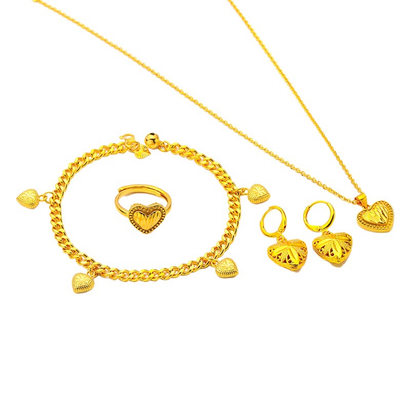 Nueva moda de las mujeres pequeño melocotón corazón pulsera collar anillo pendientes Vietnam arena oro joyería amor traje