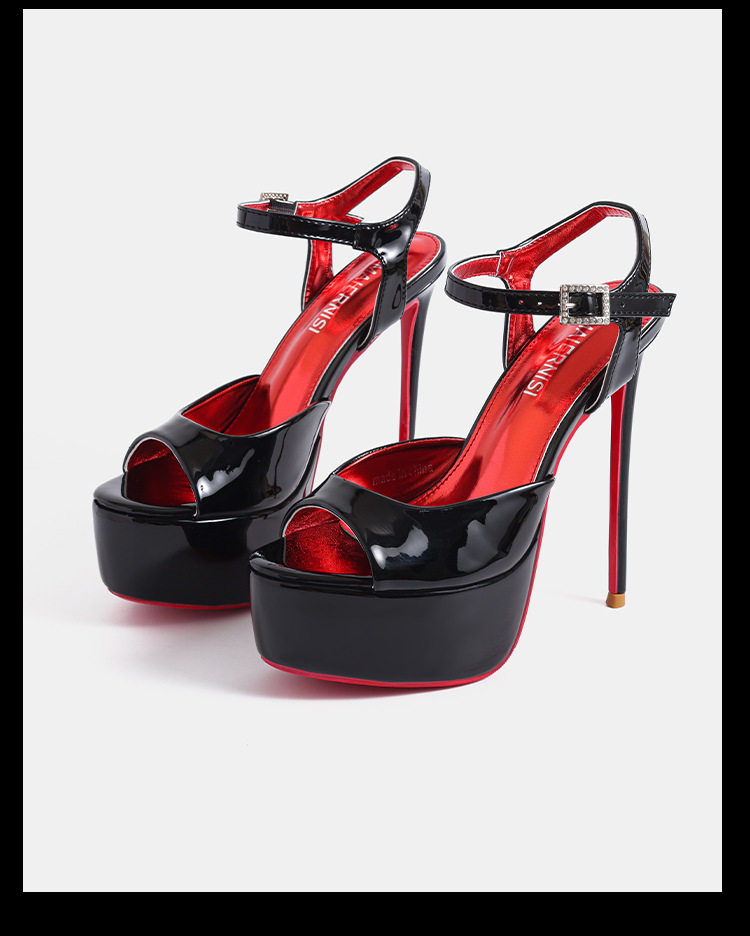 Dép sandal cao gót 14 cm hở mũi quai ngang khóa cài cỡ lớn — Màu be, màu đen chi tiết 14