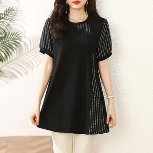 2025 Plus Size Women's Loose T-Shirt Fat Girl Summer New Style Mid-Length Belly-Covering Slimming Look Stripesd Top