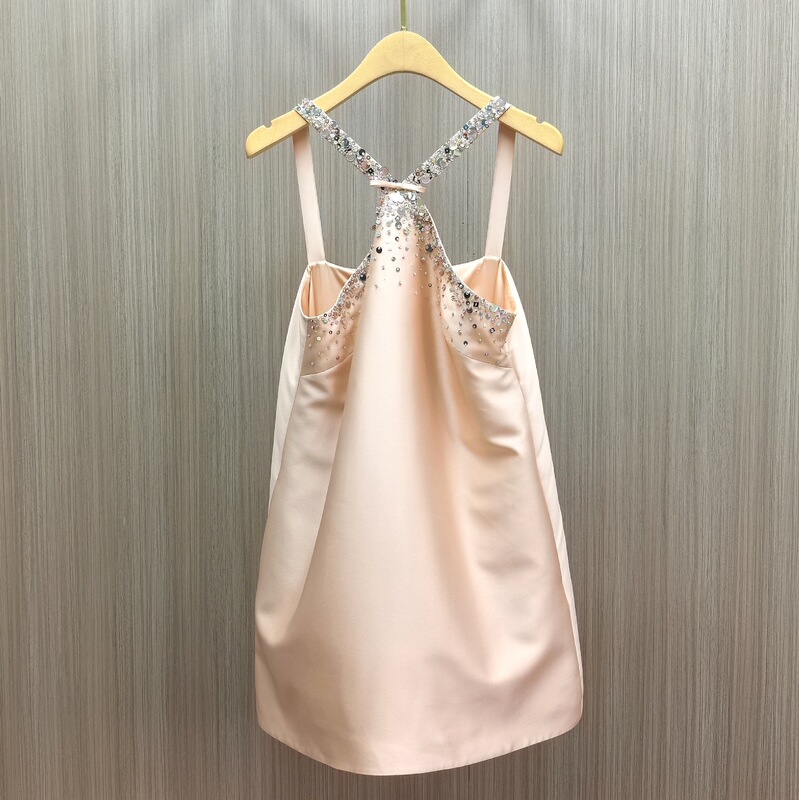 In Stock 2026 Summer New French Style Halter Neck Rhinestone Strap Satin Off-Shoulder Mini Dress for Women