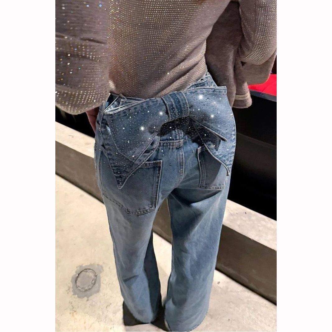 Damesjeans in retrostijl met afneembare strik en strass-sterretjes, losse pasvorm, casual broek voor de lente en herfst._voghion.com