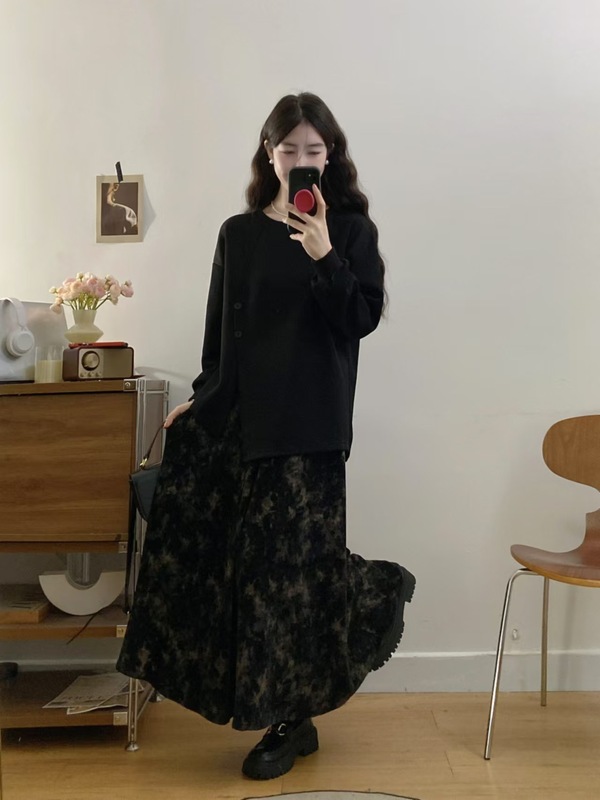 大码微胖高级感套装裙女秋季复古长袖上衣胖MM遮肉显瘦裙子两件套|undefined