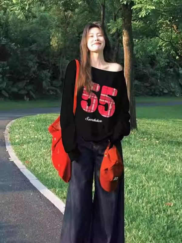 露肩字母卫衣女设计感小众别致独特韩系宽松潮慵懒风无帽上衣春秋|undefined