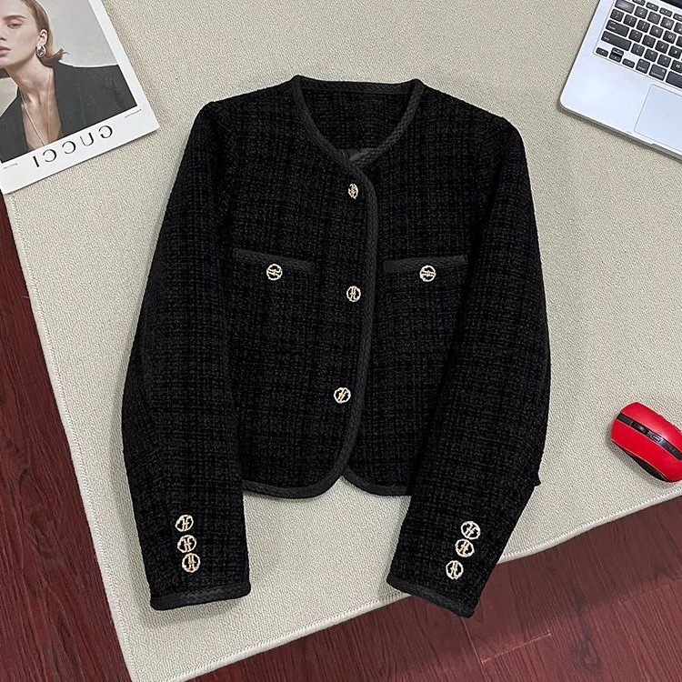 Thickened Black Round Neck Chanel-Style Short Coat for Autumn and Winter, New Tweed Socialite Chic Short Jacket