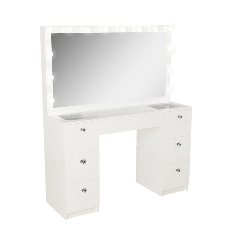 Tocador de lujo ligero, cómoda sencilla para dormitorio en apartamentos pequeños, mesa de maquillaje integrada con espejo y luz.