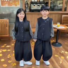 儿童秋装套装2025新款痞帅宝宝衣服男童春秋条纹韩版马甲三件套潮