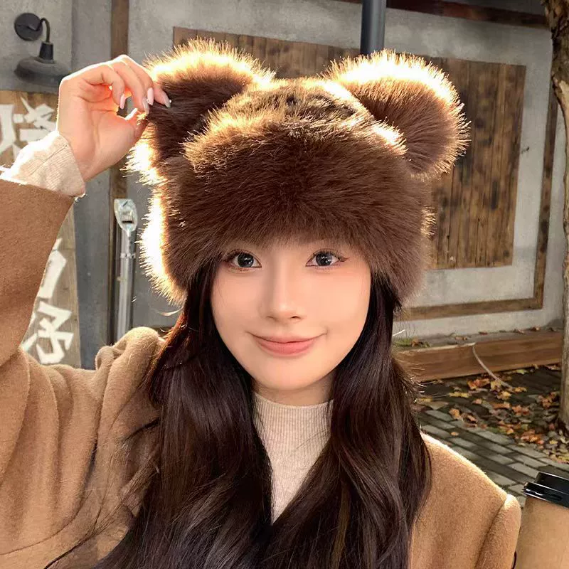 Ретро леопардовые Bear уши плюшевый монгольская шапка стильная универсальная осень и зима imitation fur утолщенная теплая ушная чаша