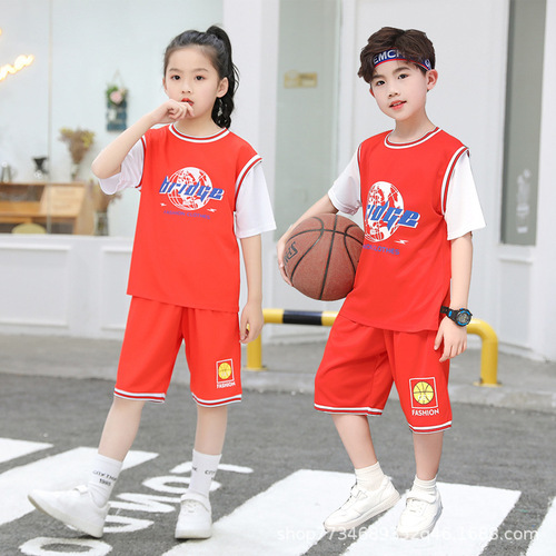 Children's fake two-piece basketball uniform quick-drying suit for boys and girls summer short-sleeved football jersey training team uniform sports
