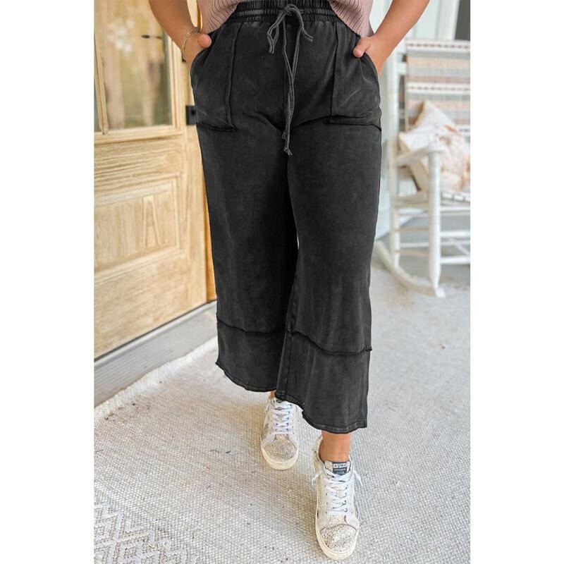 G 49709 Women's vintage exposed seam capris, women's distressed wide-leg pants with visible seams