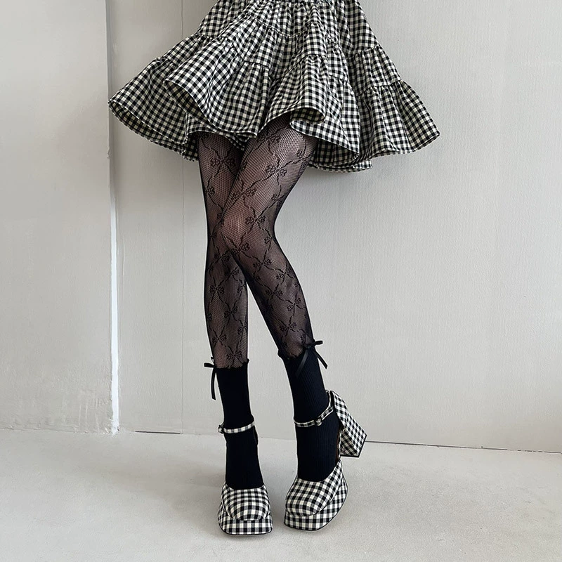 Туники женские кружевные лосины в японском стиле Lolita, тонкие колготки, one size (чёрные/белые)