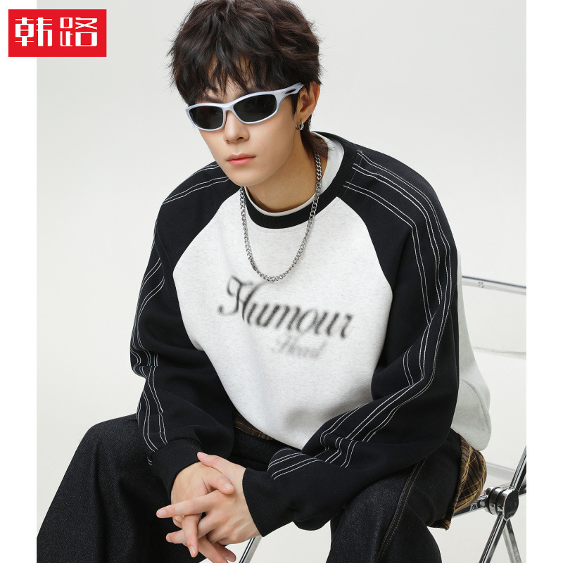 Contrast Color Contrast Stitching Raglan Sleeve Crew Neck Sweatshirt Autumn and Winter New American Retro Style Fuzzy Dot Print Top Jacket Q