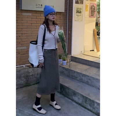七姨 牛仔裙半身裙女中长款高腰后开叉a字裙2022秋冬新款直筒裙