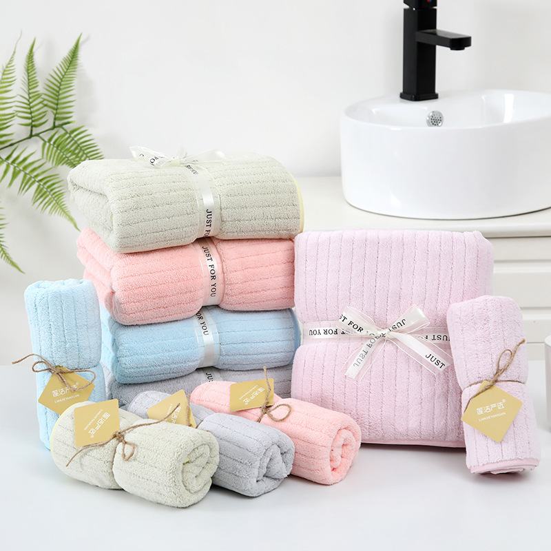 Wholesale coral fleece bath towel towel suit plain striped absorbent beach towel lint-free mother and child towel hand gift