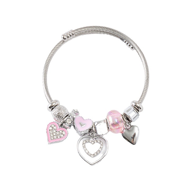 Panjia pulsera Dora DIY cuentas explosivas transfronterizas color rosa goteo amor colgante cuentas de cristal pulsera de acero en forma de corazón