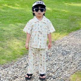 童装男童衬衫防蚊裤套装2025夏季新款中小儿童卡通衬衣洋气沙滩服