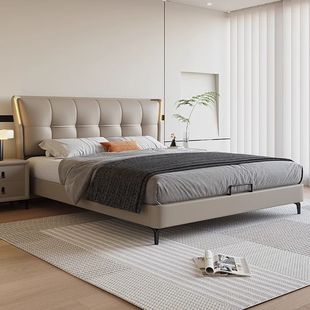 Leather Art Bed Master Bedroom Bed Modern Simple Double Bed 1.8 Storage Wedding Bed Sensor Light Leather Bed