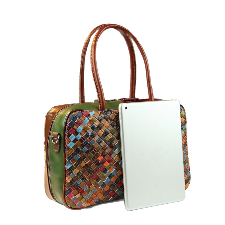 Retro Women's Handbag Top Grain Cowhide Fashion Large Capacity Patchwork Woven Shoulder Bag_voghion.com