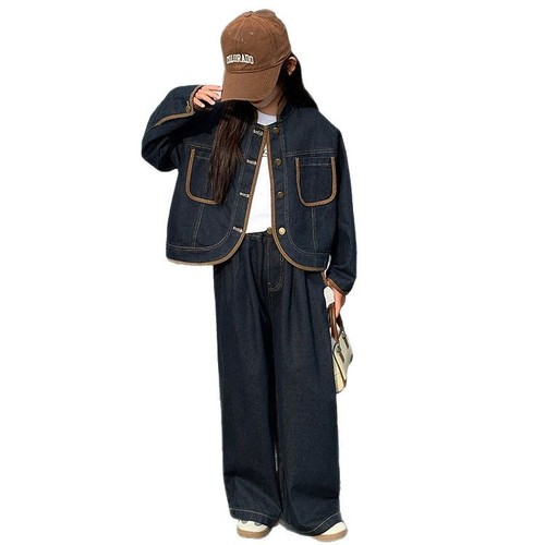 2025 Girls' Denim Suit Spring/Autumn Children's Korean-style Outerwear Kids' Spring Clothing Wide-leg Pants Two-piece Set
