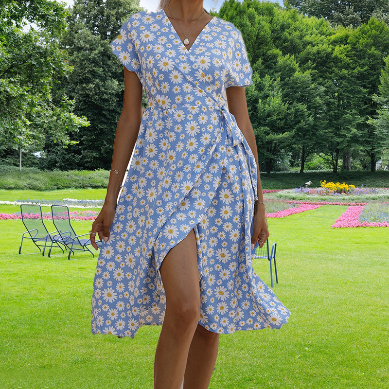 Women Stylish Long Dress Waist‑Cinch Design With All‑Over Print, Tie‑Waist & High Slit_ecoleips.com