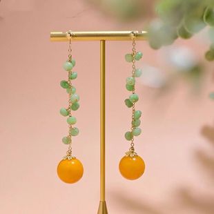 Natural Beeswax Earrings, Classical Style, Retro Jade Earrings, High-End, Atmospheric, Long Ethnic Style Earrings, Chinese Style