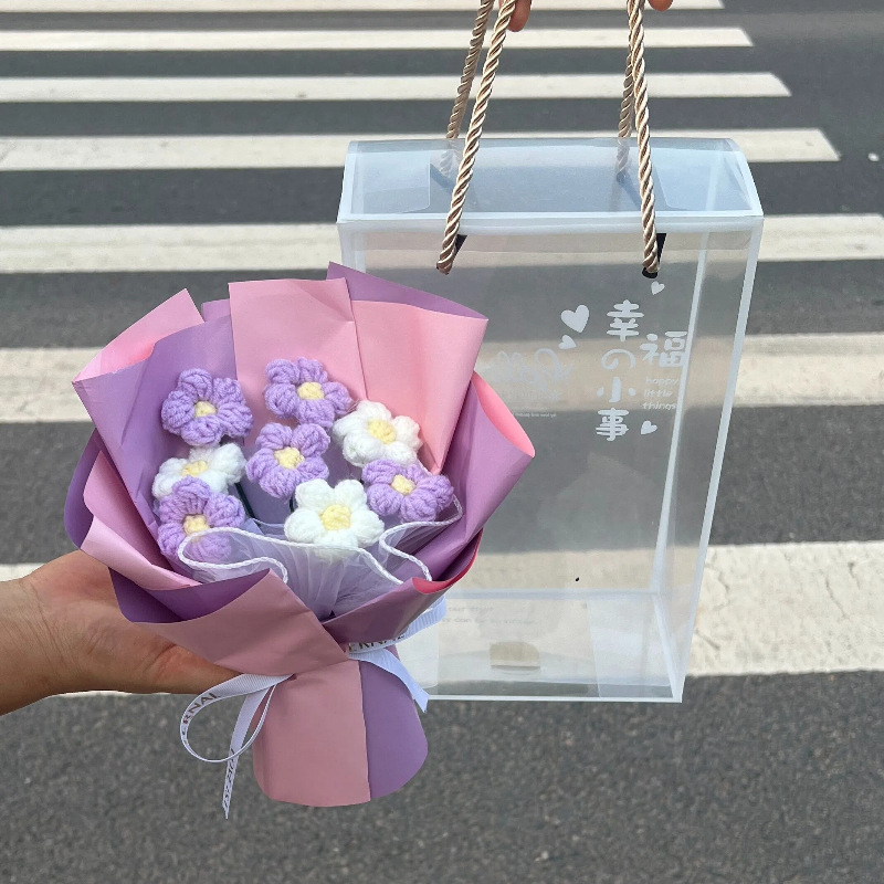 Regalos del día de San Valentín ganchido a mano flor de imitación puff lana ganchido ramo caja de regalo de enfermería para enviar al personal de novia