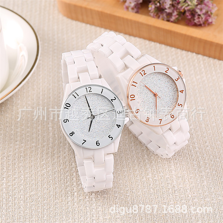 数字女士陶瓷手表女白色韩版潮流石英表时尚休闲学生手链款表防水