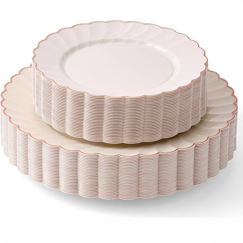 25 Pack Ivory Scalloped Plastic Plate White Bottom Golden Edge Disposable Dinner Plate Beige Rose Gold Lace Plate